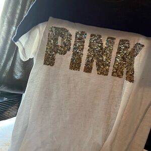 PINK Victoria's Secret Sequin Logo Tee - White and Gold